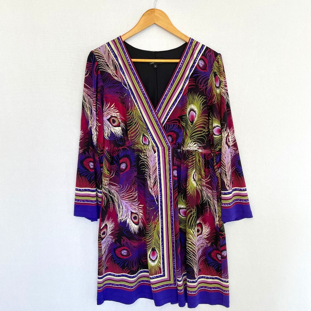 OLEG CASSINI Size 12 Long Sleeve Faux Wrap Dress Peacock Feathers